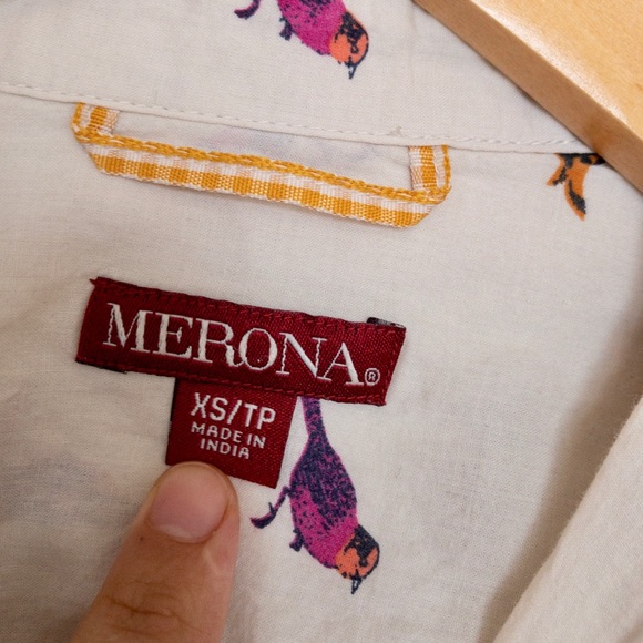 MERONA NWOT beige 💯 cotton cute bird button down - Picture 2 of 10